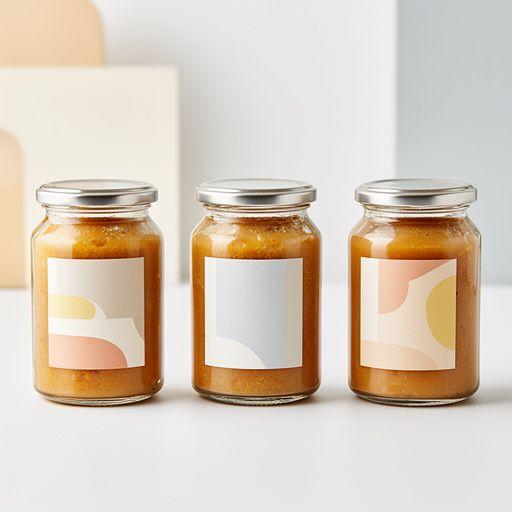 Feinkostglas und Etikettenserie in einer eleganten, hellen Produktaufnahme
