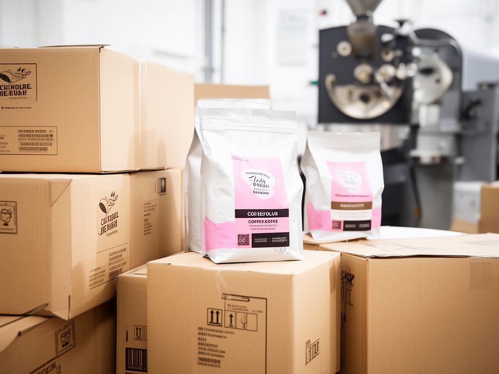Kaffeebeutel und Versandkartons mit grafischem Branding in einer hellen Rösterei