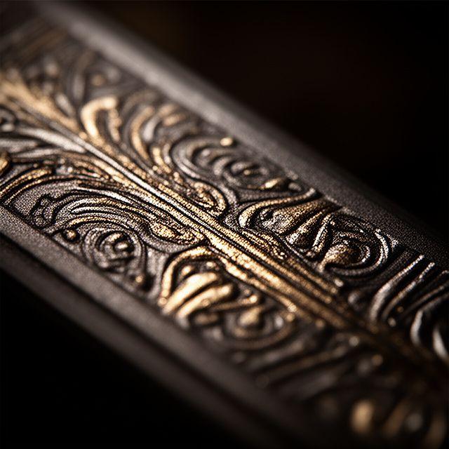 Detailaufnahme einer Heissfolienprägung auf einer luxuriösen Schachtel mit feinen Lichtreflexen
