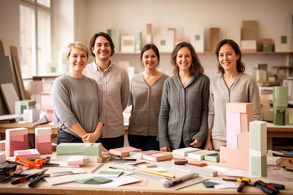 Gesamtes Team von Helvetia CraftPack in der Zürcher Werkstatt zwischen Werkzeugen, Materialmustern und fertigen Verpackungen