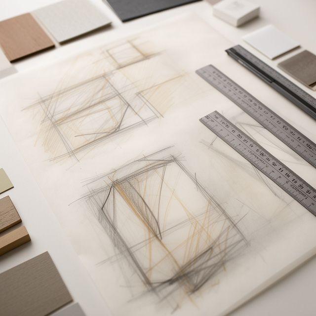 Handgezeichnete Verpackungsskizzen auf Transparentpapier neben Masslinien und Materialproben