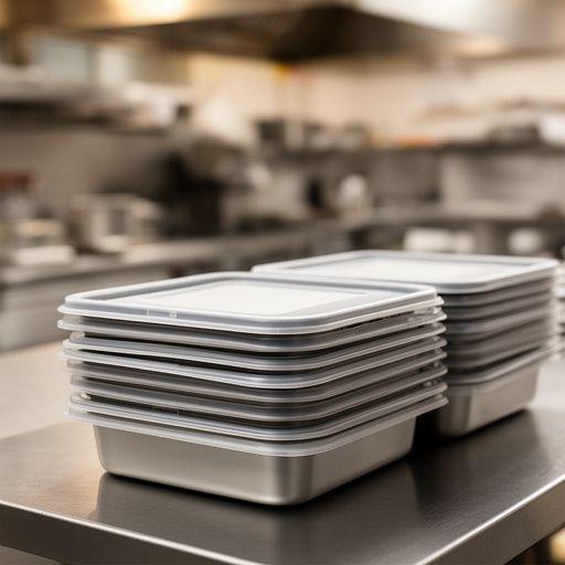 Mehrweg-Cateringboxen mit sauber gestapelten Deckeln in einer professionellen Küche