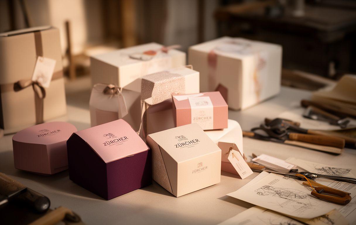 Elegante Geschenkboxen und Lebensmittelverpackungen in einem Zürcher Atelier mit warmem Licht und präzisen Materialmustern