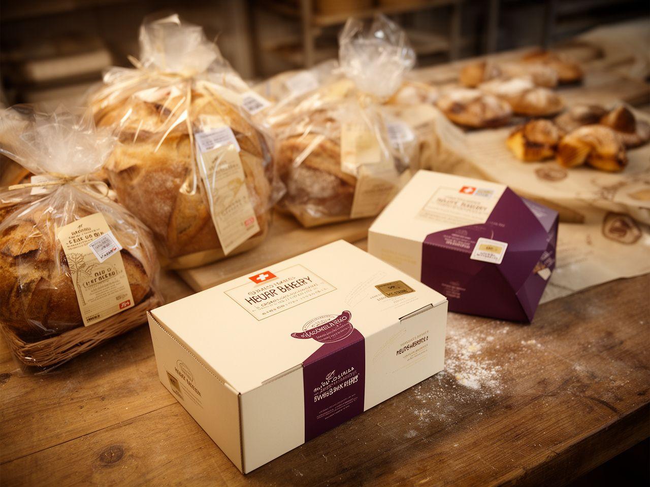Handverpackte Brotlaibe und Gebäckschachteln für eine Zürcher Bäckerei auf einem Holzarbeitstisch
