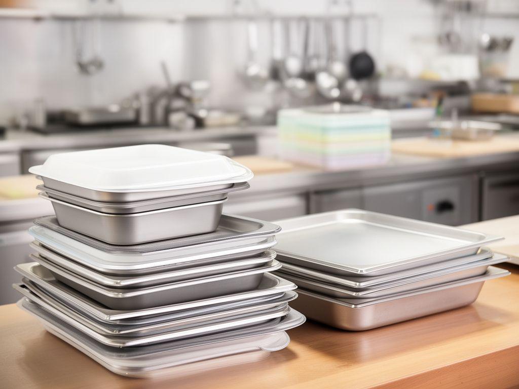 Catering-Transportboxen und Serviertrays in einer professionellen Produktionsküche