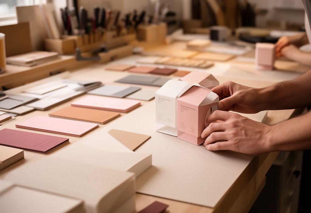 Werkstatt in Zürich-Wiedikon mit Werkbänken, Materialmustern und einem Team beim präzisen Zusammenstellen von Lebensmittelverpackungen