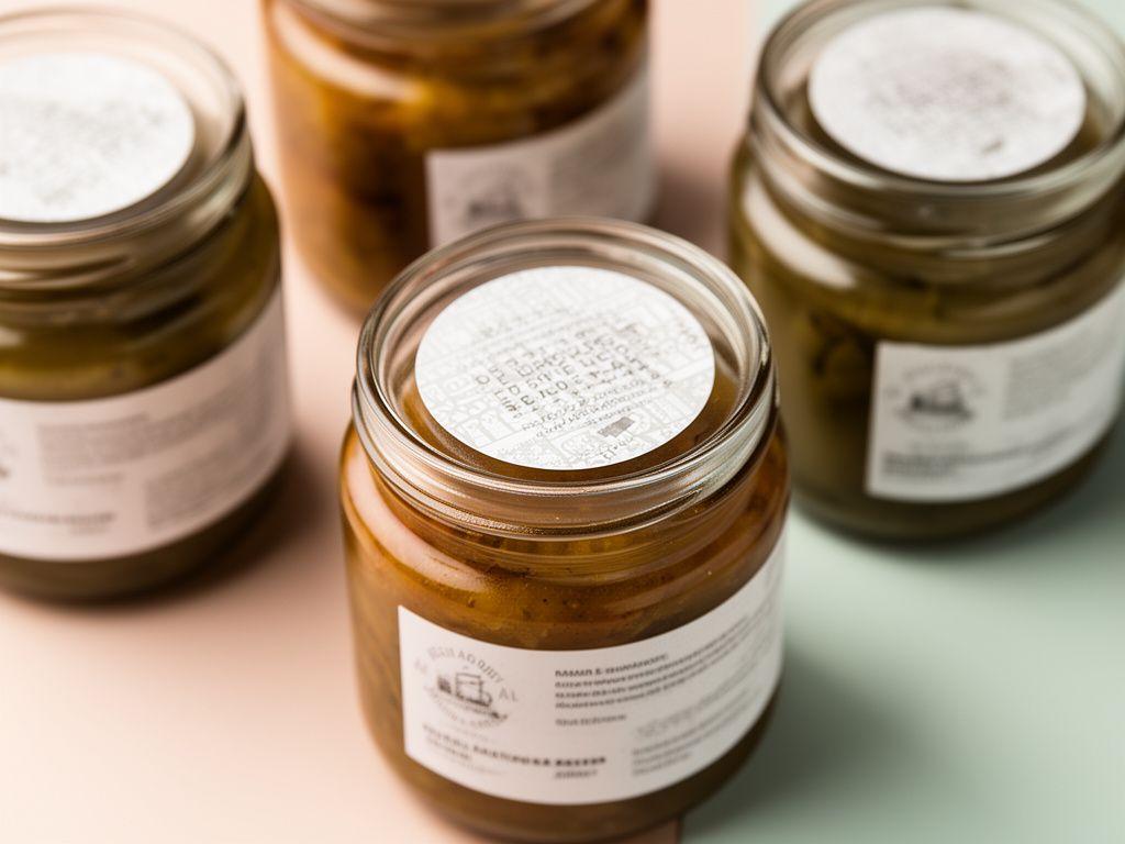 Feinkostgläser und Etiketten in einer sorgfältig arrangierten Produktaufnahme