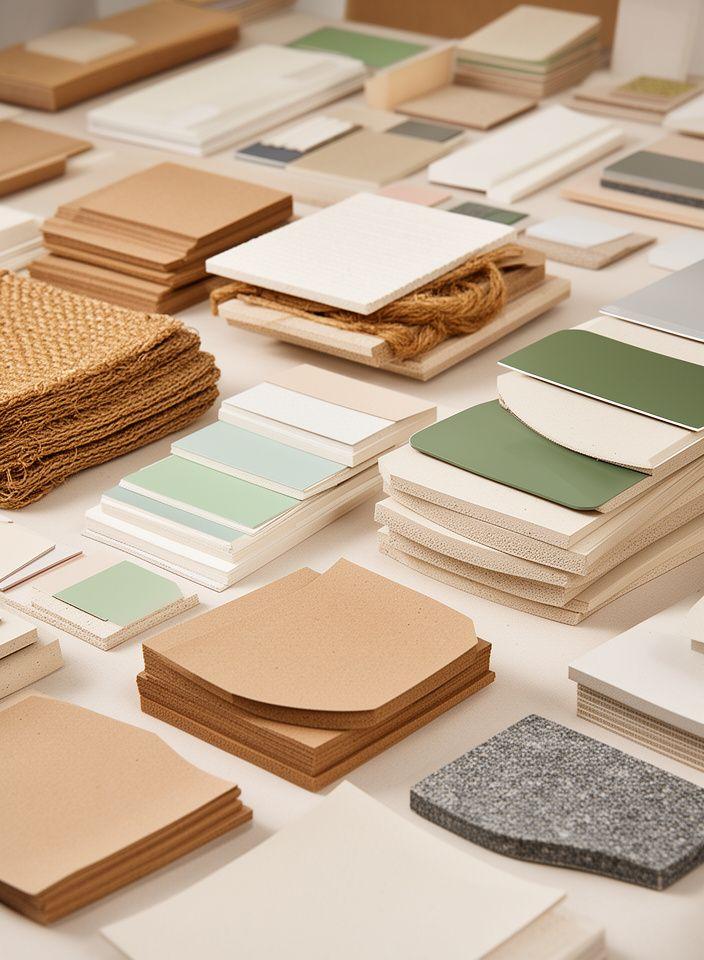 Assortment of sustainable food packaging materials and sample finishes arranged in a studio workshop