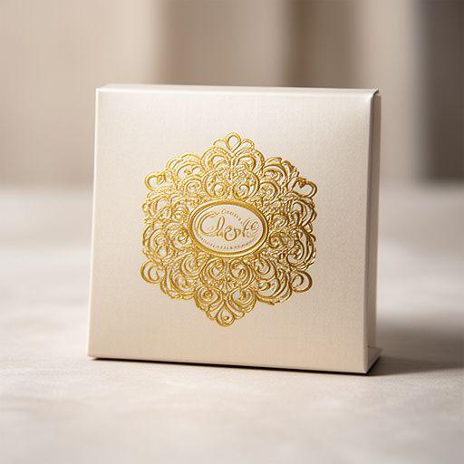 Gelieferte Confiserie-Verpackung mit goldener Prägung auf einem hellen Präsentationstisch