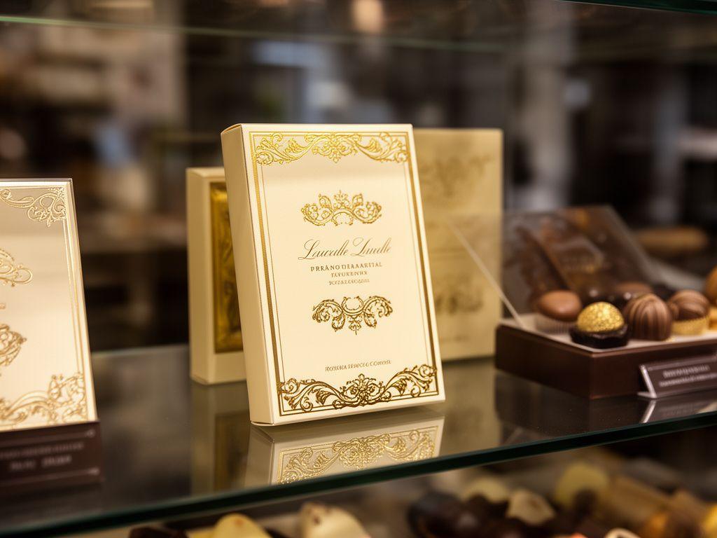 Luxuriöse Pralinenschachteln mit goldenen Details in einer Confiserie-Vitrine